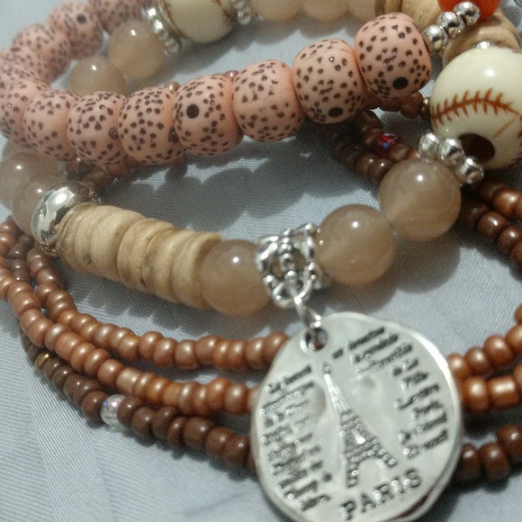5 pc Stretch Bracelets Boho Wood Beads Versatile Mix & Match Charm Paris Feather - Picture 6 of 14